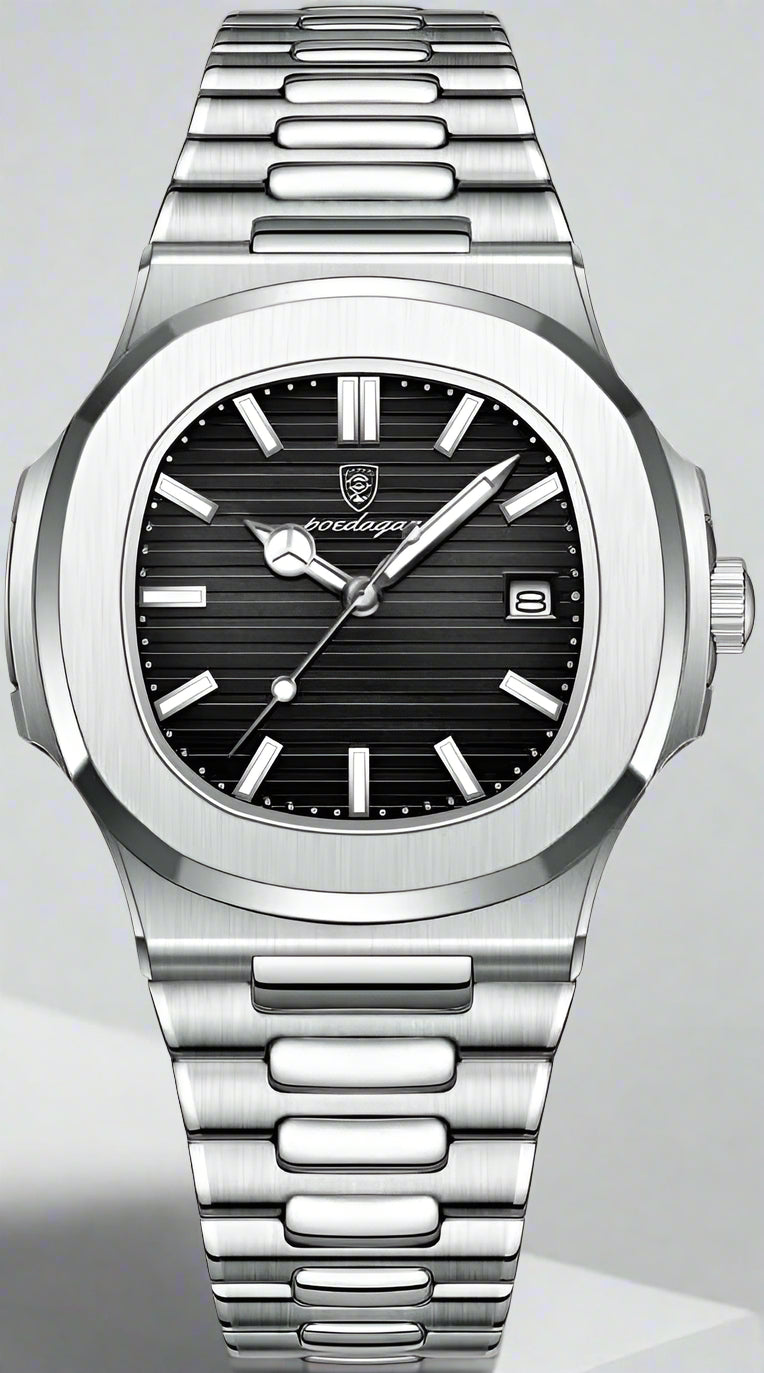 Silver watch with black dial on a white background