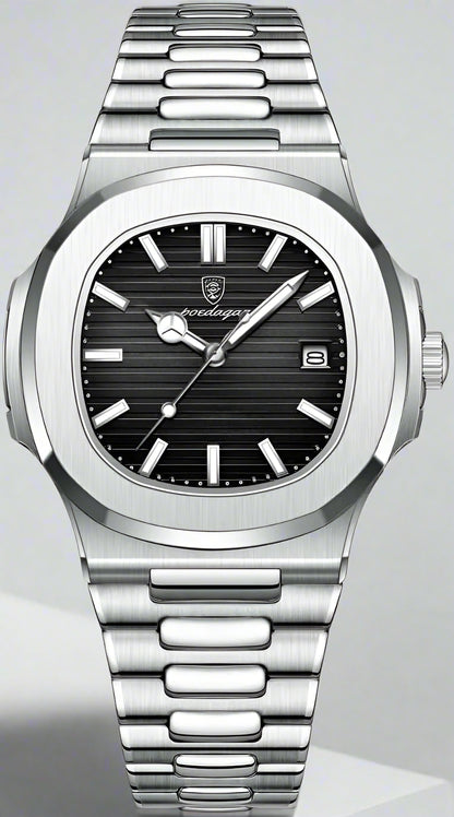 Silver watch with black dial on a white background