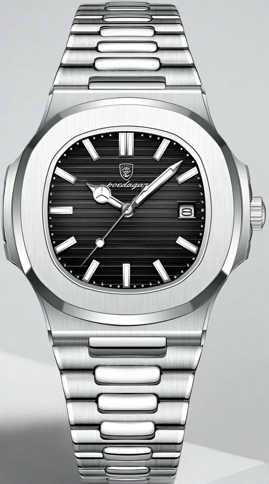 Silver watch with black dial on a white background